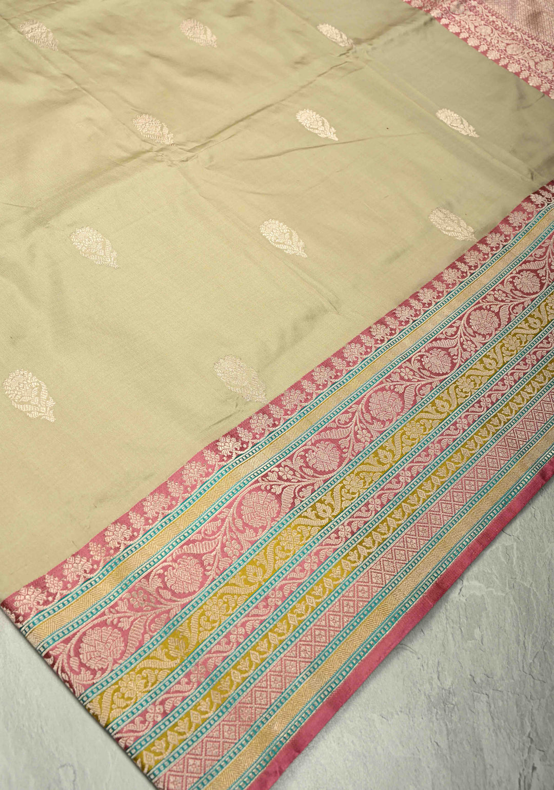 Taupe Katan Silk Handloom Saree with Zari Buttas and Meenakari Border | SILK MARK CERTIFIED | SHOBITAM