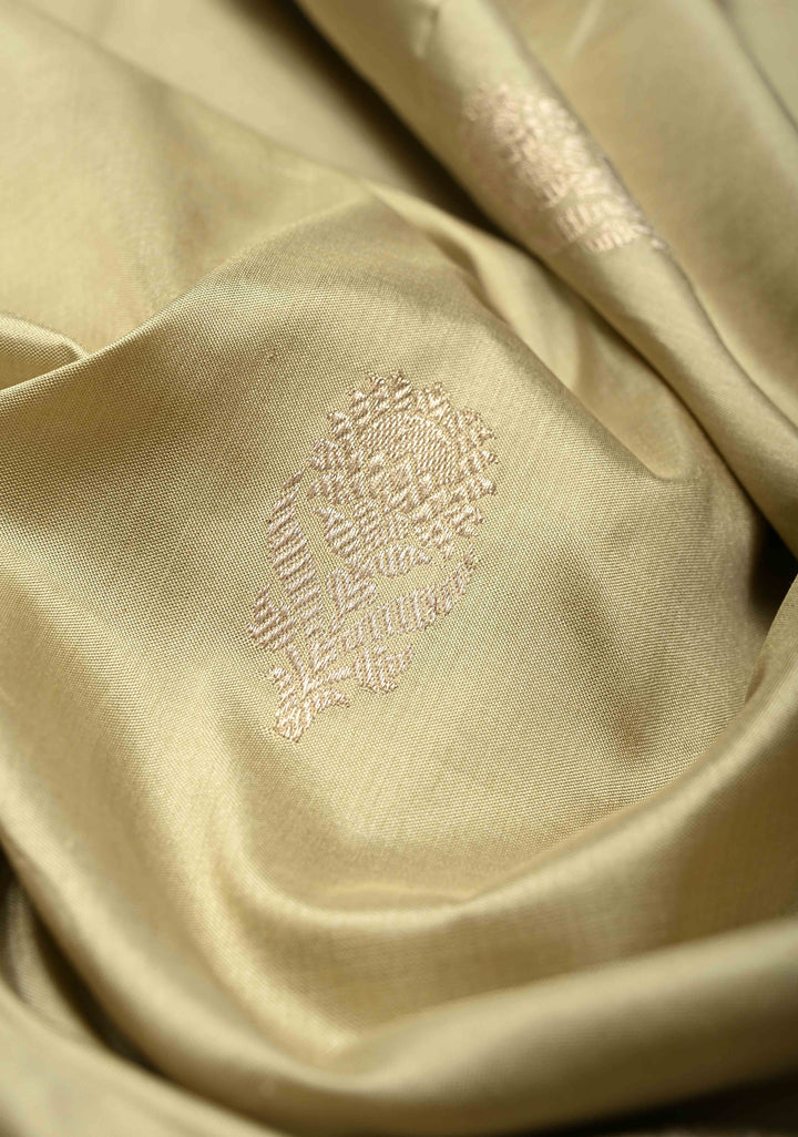 Taupe Katan Silk Handloom Saree with Zari Buttas and Meenakari Border | SILK MARK CERTIFIED | SHOBITAM