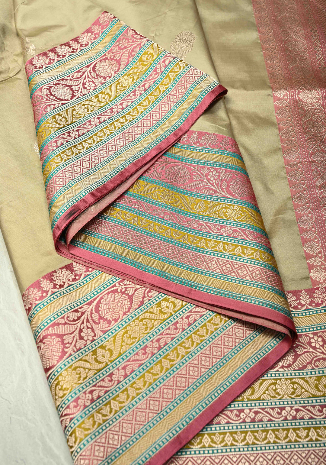 Taupe Katan Silk Handloom Saree with Zari Buttas and Meenakari Border | SILK MARK CERTIFIED | SHOBITAM