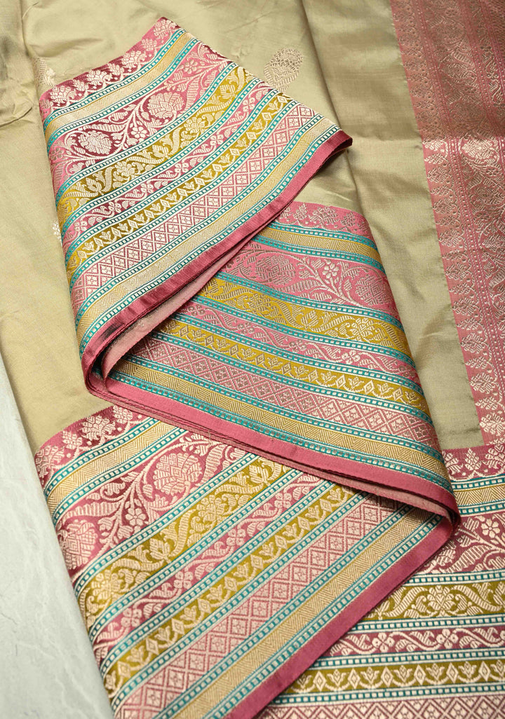 Taupe Katan Silk Handloom Saree with Zari Buttas and Meenakari Border | SILK MARK CERTIFIED | SHOBITAM