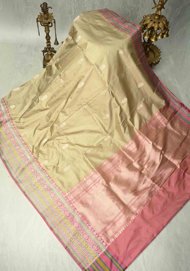 Taupe Katan Silk Handloom Saree with Zari Buttas and Meenakari Border | SILK MARK CERTIFIED | SHOBITAM