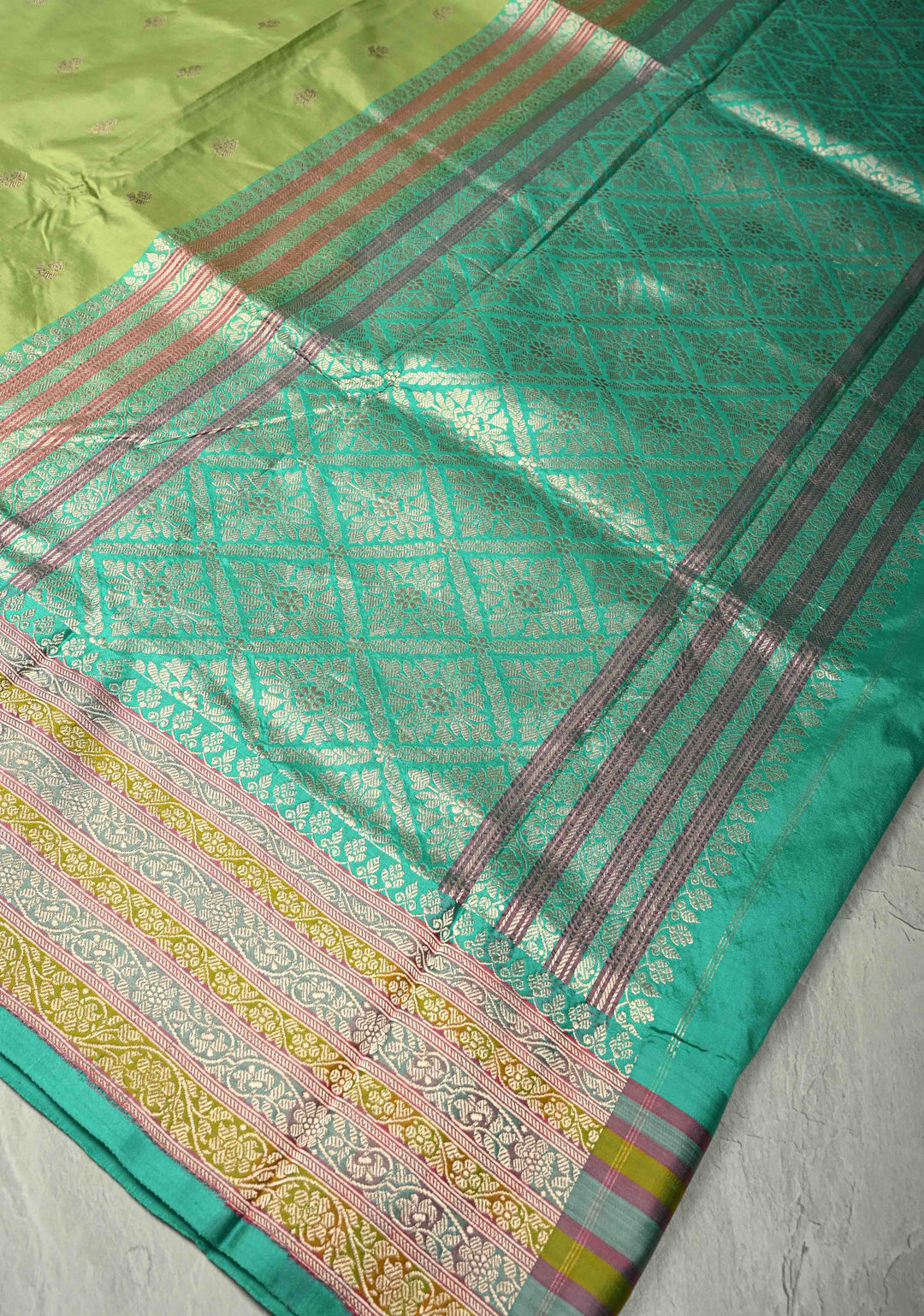 Light lime Green Katan Silk Handloom Saree with Floral Zari Buttas and Meenakari Border | SILK MARK CERTIFIED