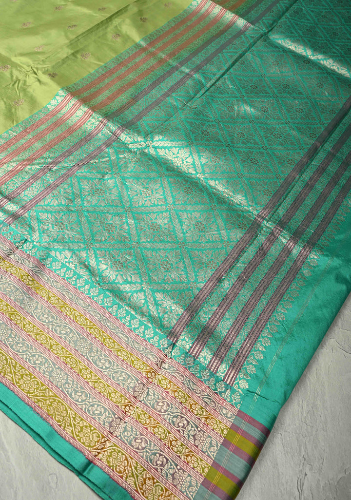 Light lime Green Katan Silk Handloom Saree with Floral Zari Buttas and Meenakari Border | SILK MARK CERTIFIED