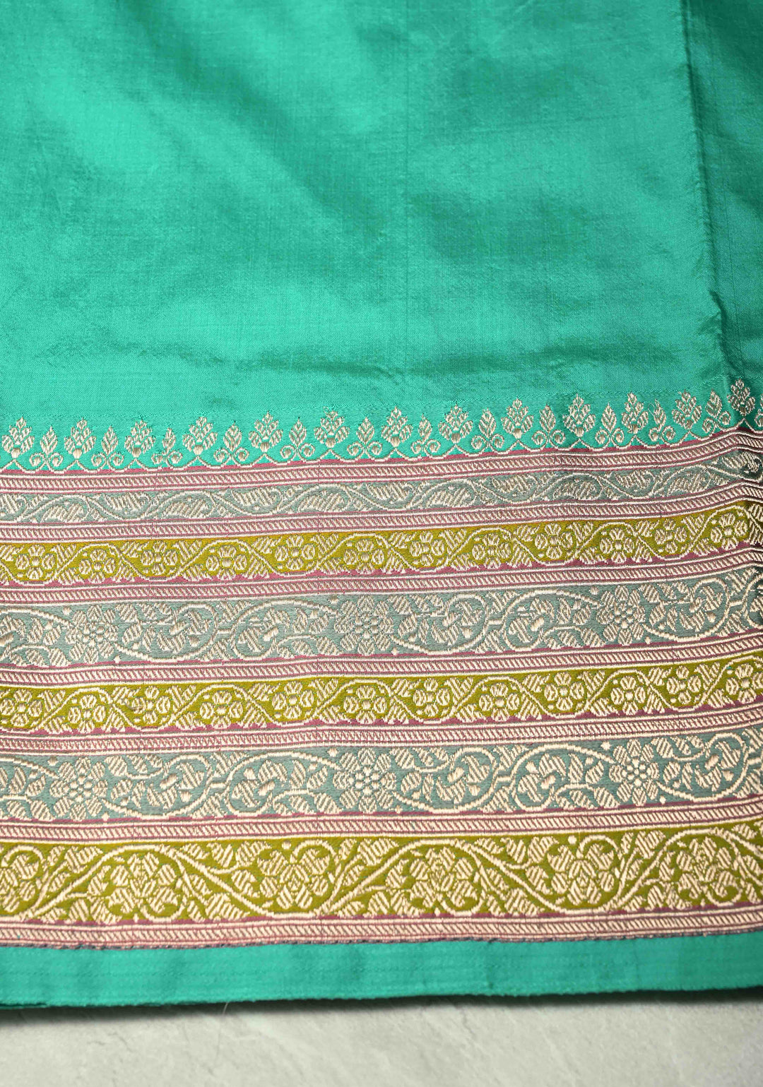 Light lime Green Katan Silk Handloom Saree with Floral Zari Buttas and Meenakari Border | SILK MARK CERTIFIED