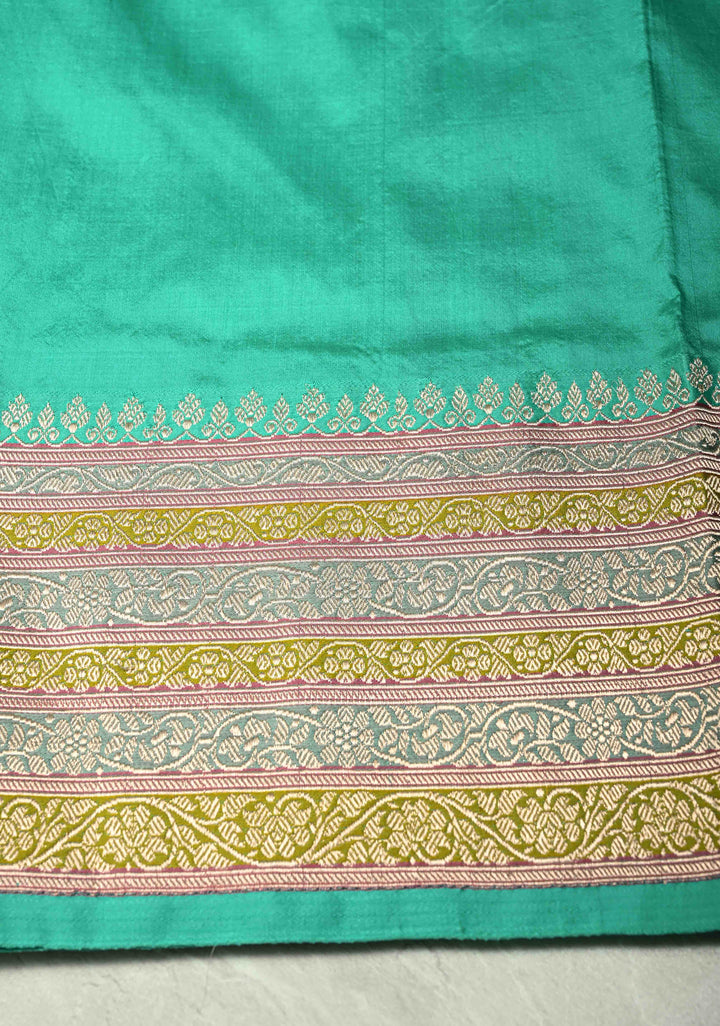Light lime Green Katan Silk Handloom Saree with Floral Zari Buttas and Meenakari Border | SILK MARK CERTIFIED