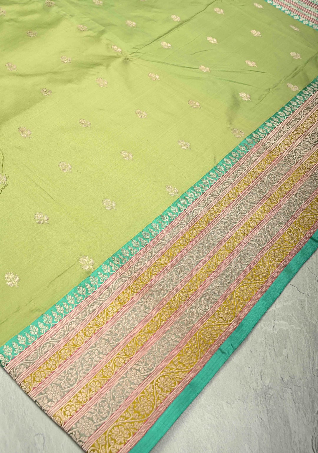 Light lime Green Katan Silk Handloom Saree with Floral Zari Buttas and Meenakari Border | SILK MARK CERTIFIED | SHOBITAM