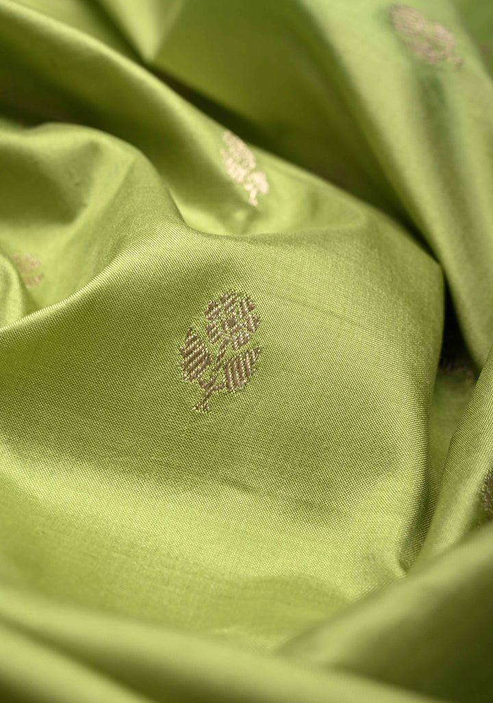 Light lime Green Katan Silk Handloom Saree with Floral Zari Buttas and Meenakari Border | SILK MARK CERTIFIED