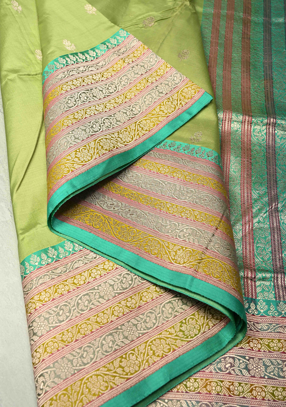 Light lime Green Katan Silk Handloom Saree with Floral Zari Buttas and Meenakari Border | SILK MARK CERTIFIED