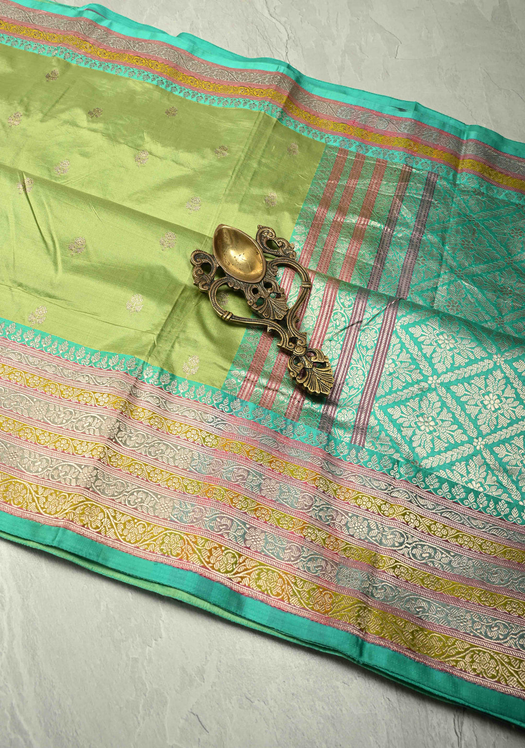 Light lime Green Katan Silk Handloom Saree with Floral Zari Buttas and Meenakari Border | SILK MARK CERTIFIED