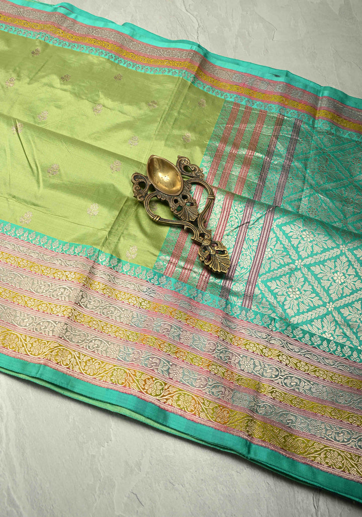 Light lime Green Katan Silk Handloom Saree with Floral Zari Buttas and Meenakari Border | SILK MARK CERTIFIED | SHOBITAM