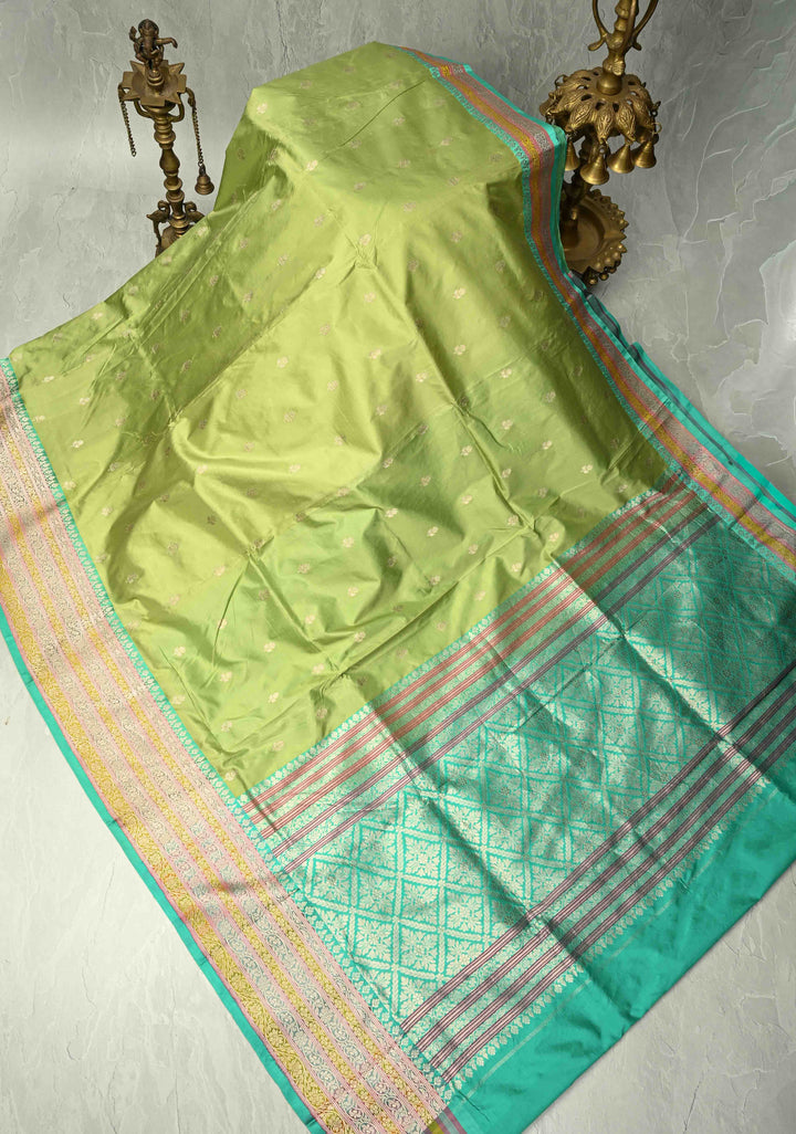 Light lime Green Katan Silk Handloom Saree with Floral Zari Buttas and Meenakari Border | SILK MARK CERTIFIED