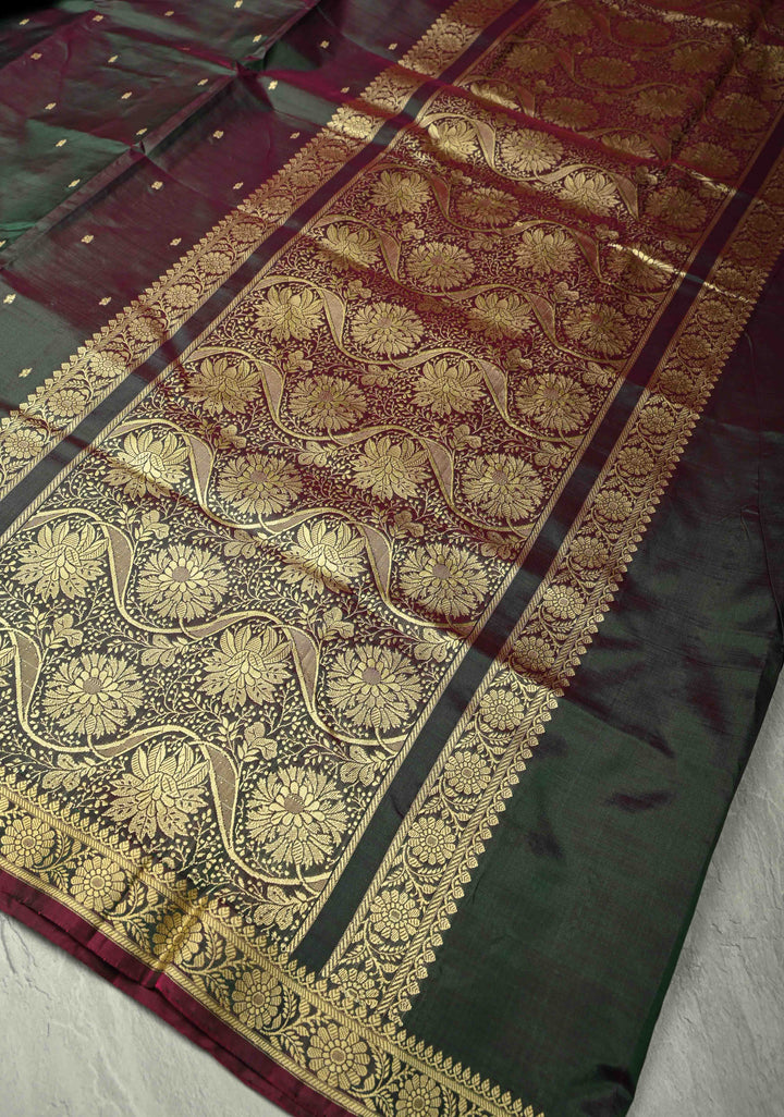 Green Dual tone Lightweight Banarasi Katan Silk saree with Floral Buttis and Minimal Resham Border | SILK MARK CERTIFIED | SHOBITAM