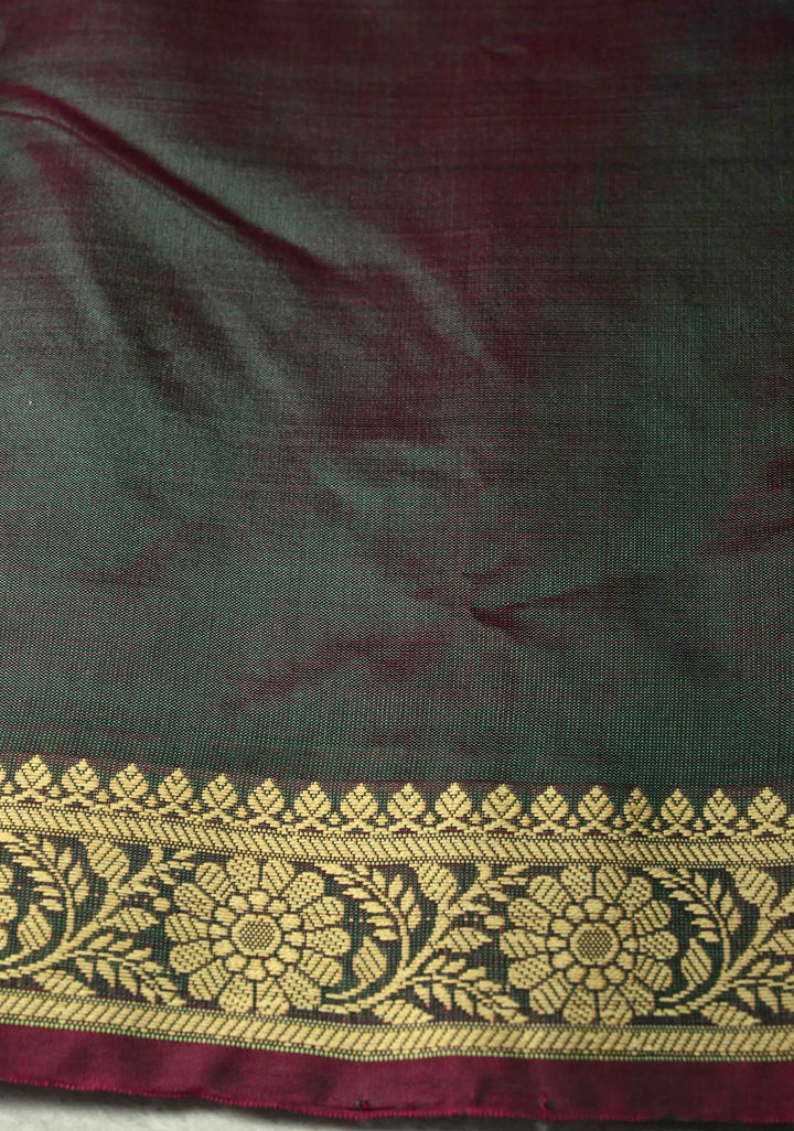 Green Dual tone Lightweight Banarasi Katan Silk saree with Floral Buttis and Minimal Resham Border | SILK MARK CERTIFIED | SHOBITAM