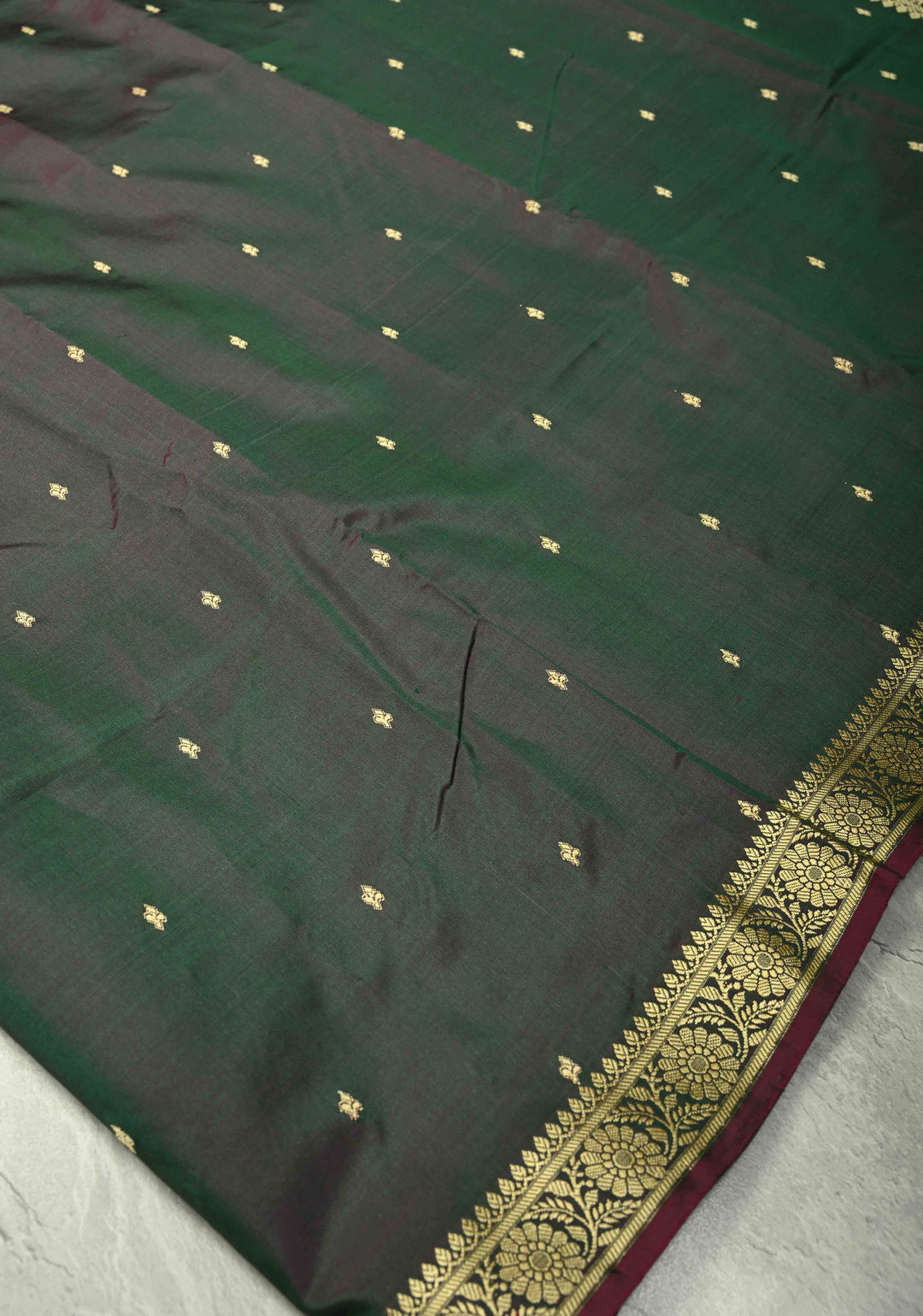 Green Dual tone Lightweight Banarasi Katan Silk saree with Floral Buttis and Minimal Resham Border | SILK MARK CERTIFIED | SHOBITAM