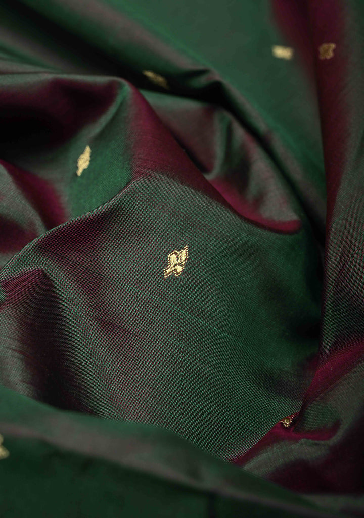 Green Dual tone Lightweight Banarasi Katan Silk saree with Floral Buttis and Minimal Resham Border | SILK MARK CERTIFIED