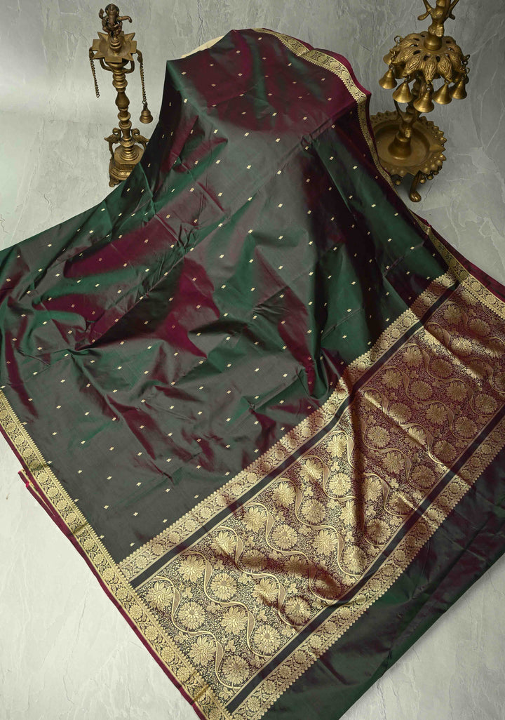 Green Dual tone Lightweight Banarasi Katan Silk saree with Floral Buttis and Minimal Resham Border | SILK MARK CERTIFIED | SHOBITAM