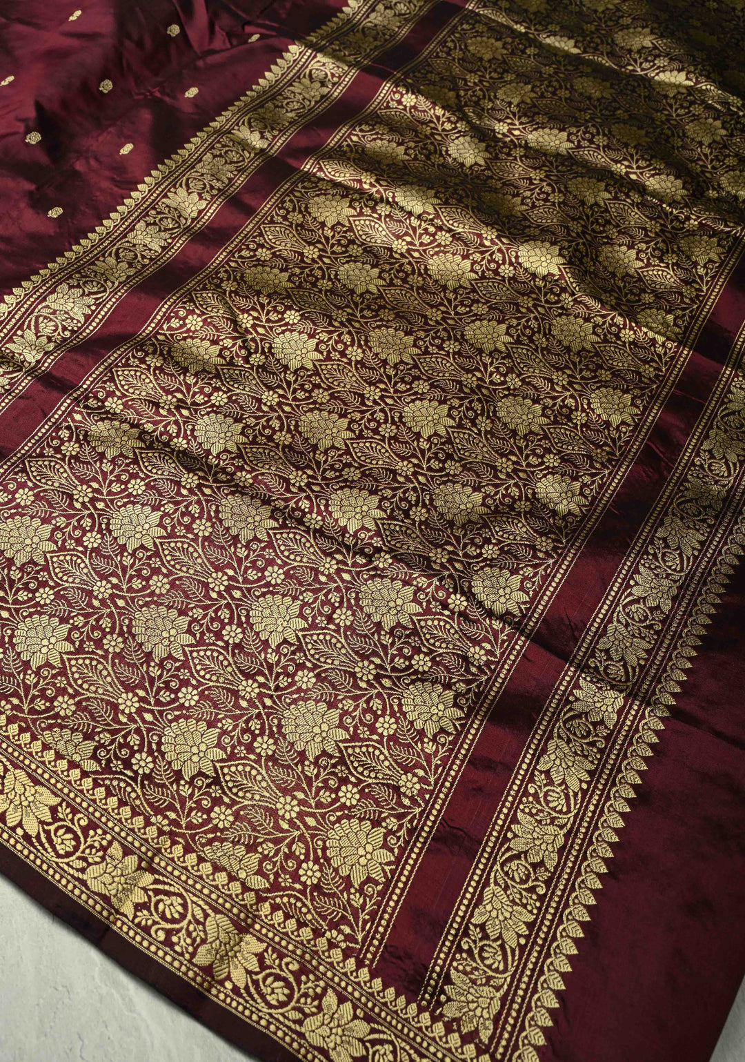 Seal Brown Lightweight Banarasi Katan Silk saree with Chunri Buttis and Minimal Resham Border | SILK MARK CERTIFIED