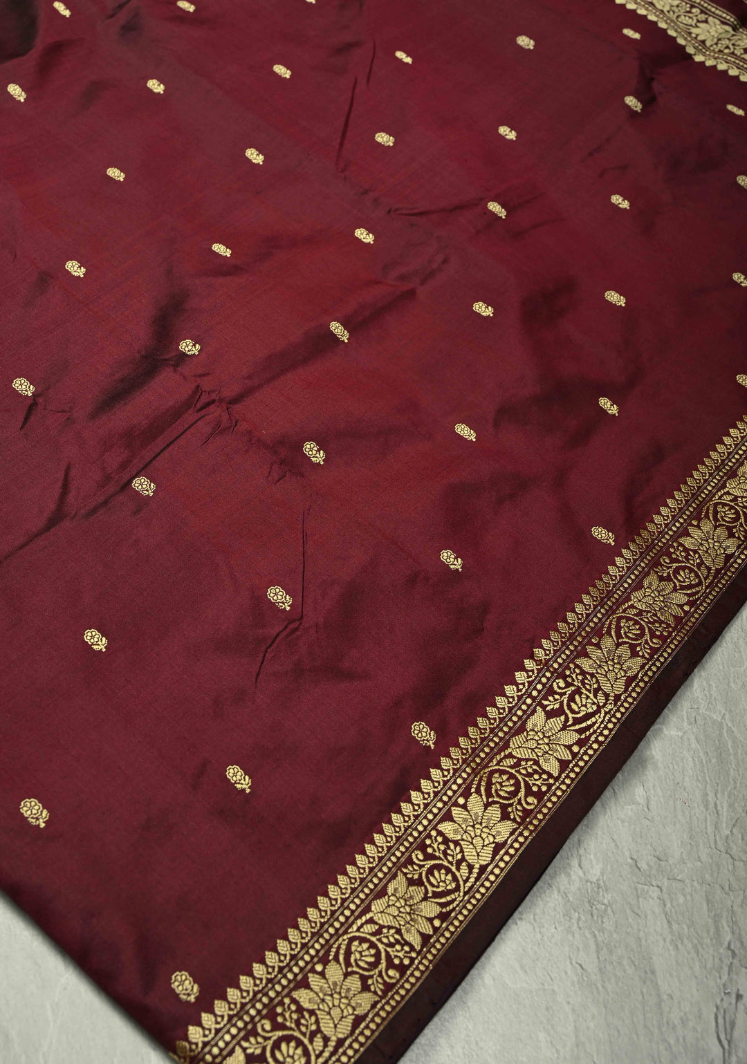 Seal Brown Lightweight Banarasi Katan Silk saree with Chunri Buttis and Minimal Resham Border | SILK MARK CERTIFIED