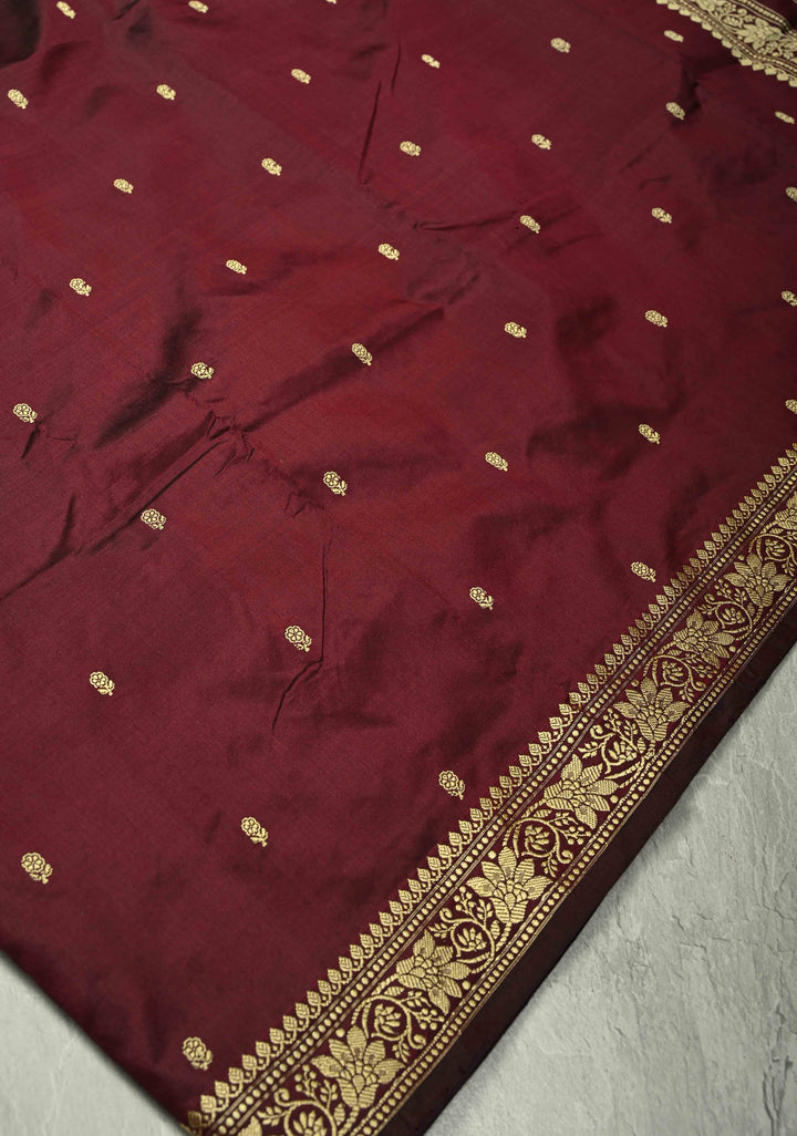 Seal Brown Lightweight Banarasi Katan Silk saree with Chunri Buttis and Minimal Resham Border | SILK MARK CERTIFIED
