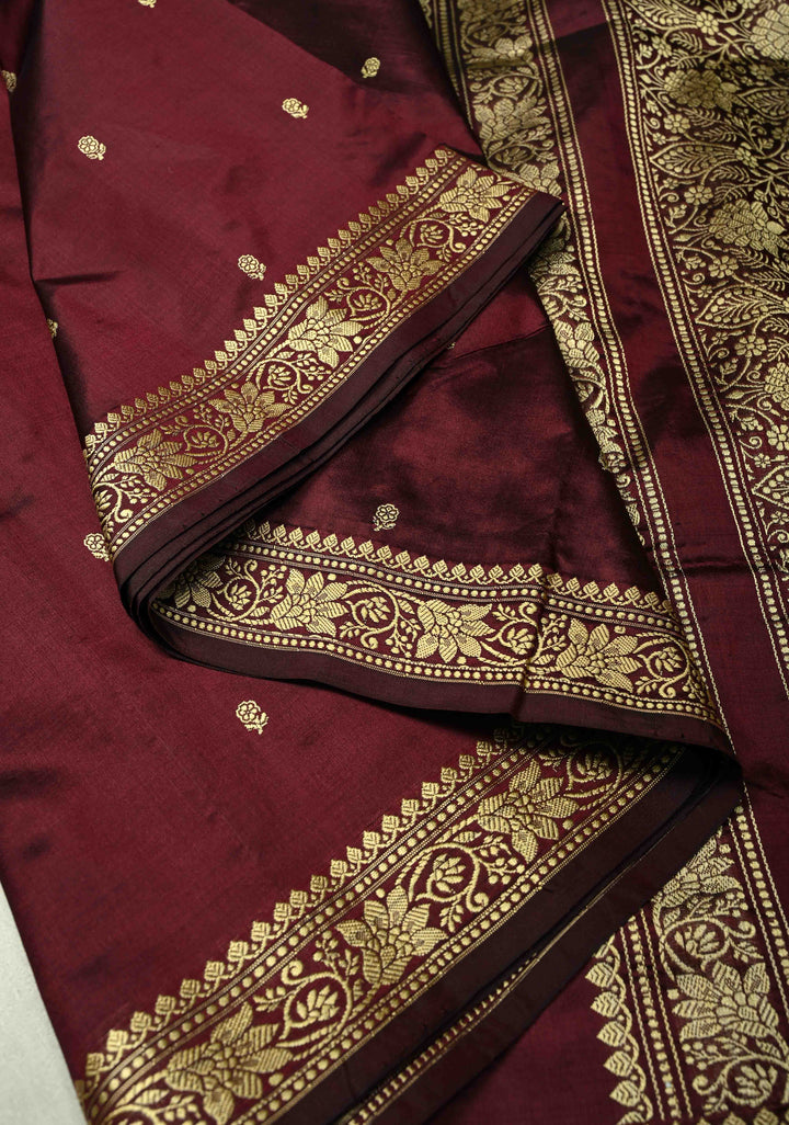 Seal Brown Lightweight Banarasi Katan Silk saree with Chunri Buttis and Minimal Resham Border | SILK MARK CERTIFIED