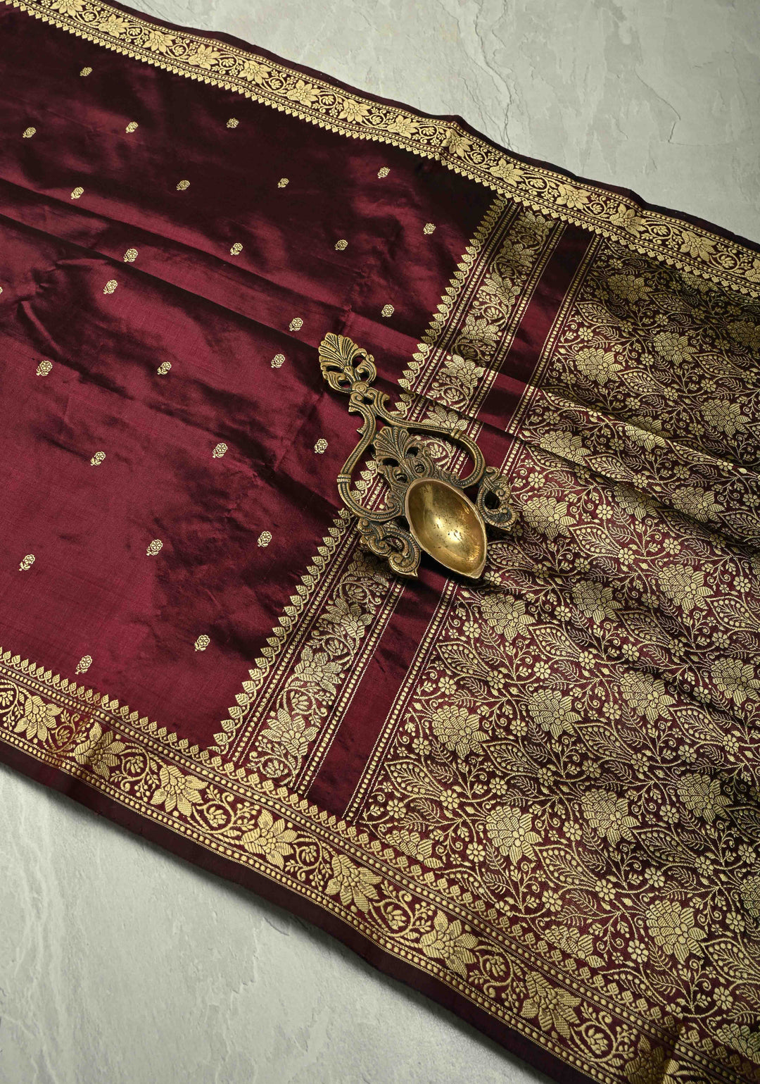 Seal Brown Lightweight Banarasi Katan Silk saree with Chunri Buttis and Minimal Resham Border | SILK MARK CERTIFIED