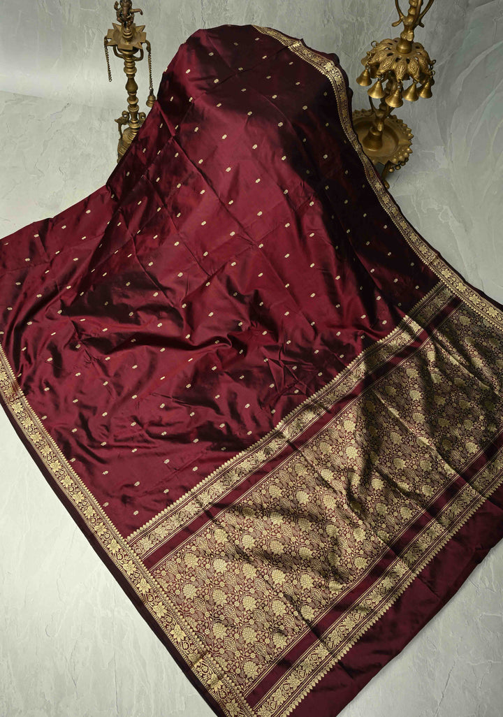 Seal Brown Lightweight Banarasi Katan Silk saree with Chunri Buttis and Minimal Resham Border | SILK MARK CERTIFIED