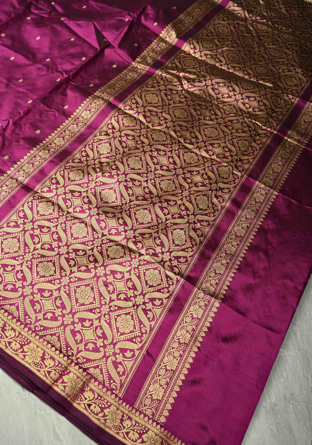 Dark Magenta Lightweight Banarasi Katan Silk saree with Floral Buttis and Minimal Resham Border | SILK MARK CERTIFIED | SHOBITAM