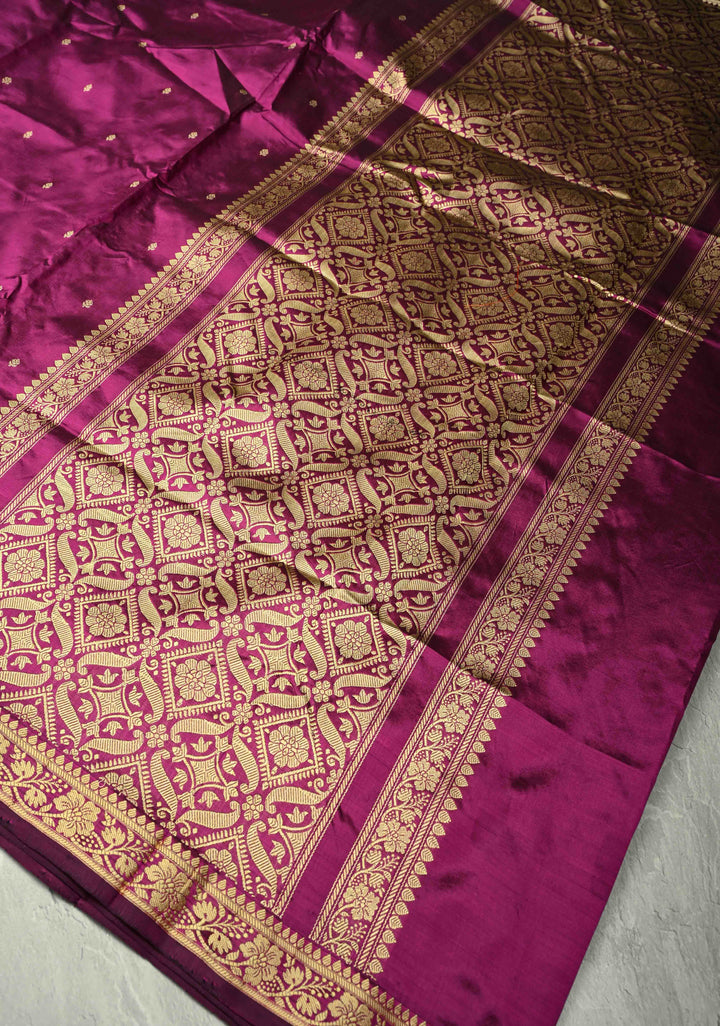 Dark Magenta Lightweight Banarasi Katan Silk saree with Floral Buttis and Minimal Resham Border | SILK MARK CERTIFIED | SHOBITAM