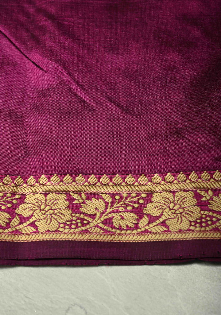 Dark Magenta Lightweight Banarasi Katan Silk saree with Floral Buttis and Minimal Resham Border | SILK MARK CERTIFIED | SHOBITAM
