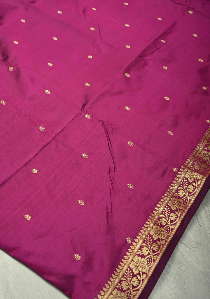Dark Magenta Lightweight Banarasi Katan Silk saree with Floral Buttis and Minimal Resham Border | SILK MARK CERTIFIED | SHOBITAM