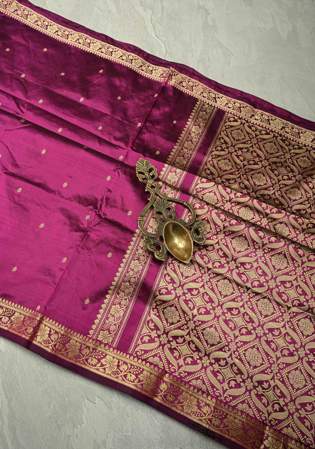 Dark Magenta Lightweight Banarasi Katan Silk saree with Floral Buttis and Minimal Resham Border | SILK MARK CERTIFIED | SHOBITAM