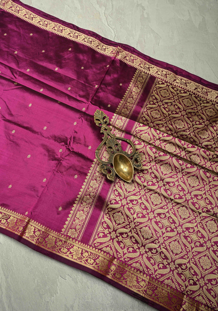 Dark Magenta Lightweight Banarasi Katan Silk saree with Floral Buttis and Minimal Resham Border | SILK MARK CERTIFIED | SHOBITAM