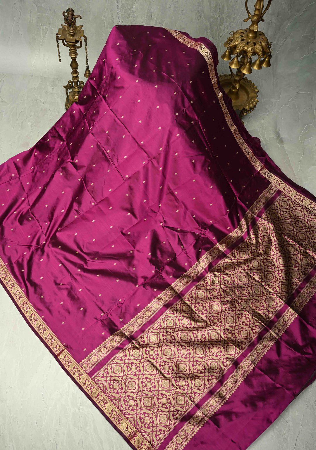 Dark Magenta Lightweight Banarasi Katan Silk saree with Floral Buttis and Minimal Resham Border | SILK MARK CERTIFIED | SHOBITAM