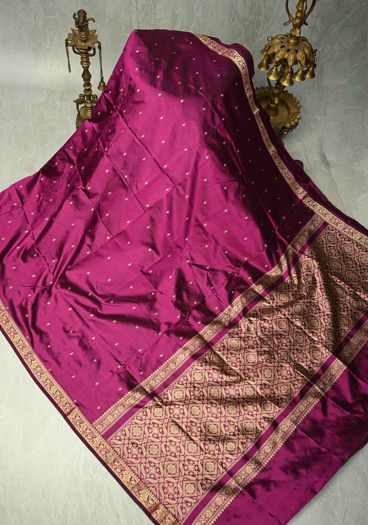 Dark Magenta Lightweight Banarasi Katan Silk saree with Floral Buttis and Minimal Resham Border | SILK MARK CERTIFIED | SHOBITAM