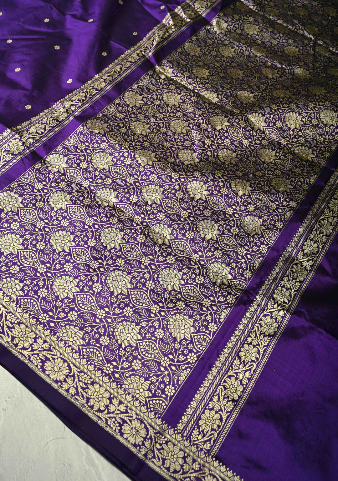 Eggplant Purple Lightweight Banarasi Katan Silk saree with Floral Buttis and Minimal Resham Border | SILK MARK CERTIFIED