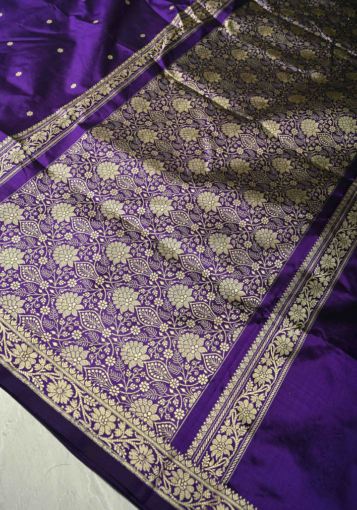 Eggplant Purple Lightweight Banarasi Katan Silk saree with Floral Buttis and Minimal Resham Border | SILK MARK CERTIFIED