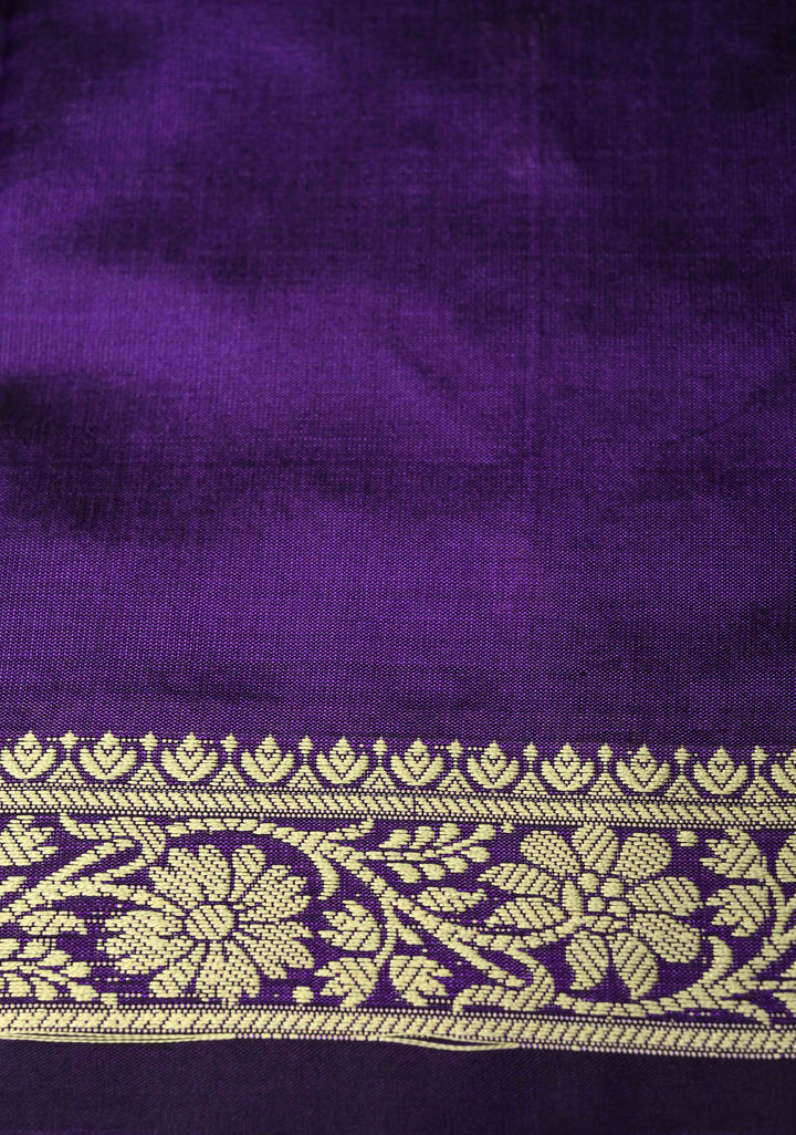 Eggplant Purple Lightweight Banarasi Katan Silk saree with Floral Buttis and Minimal Resham Border | SILK MARK CERTIFIED