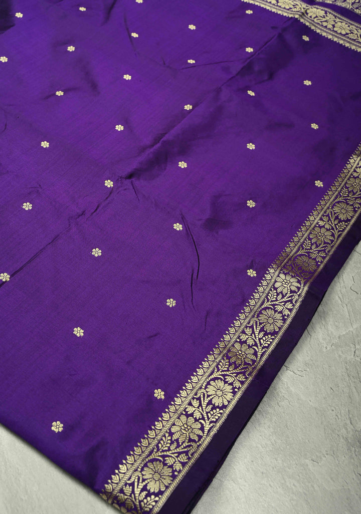 Eggplant Purple Lightweight Banarasi Katan Silk saree with Floral Buttis and Minimal Resham Border | SILK MARK CERTIFIED