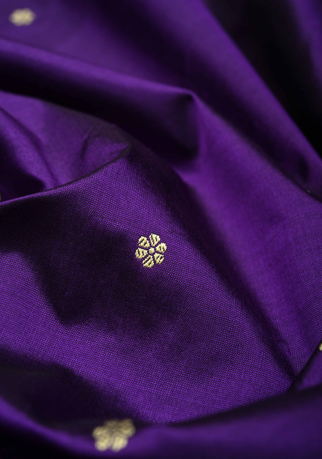 Eggplant Purple Lightweight Banarasi Katan Silk saree with Floral Buttis and Minimal Resham Border | SILK MARK CERTIFIED