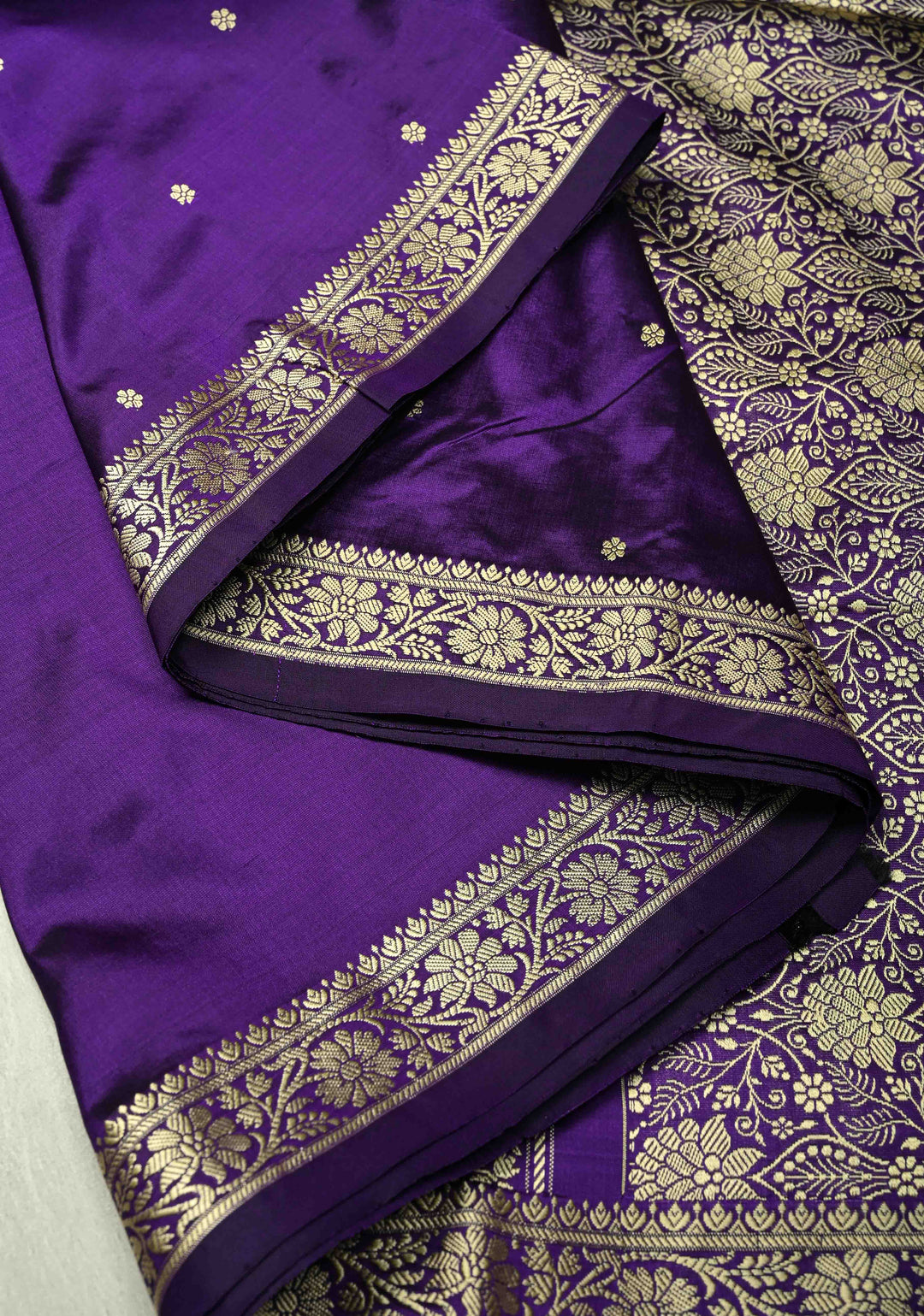 Eggplant Purple Lightweight Banarasi Katan Silk saree with Floral Buttis and Minimal Resham Border | SILK MARK CERTIFIED