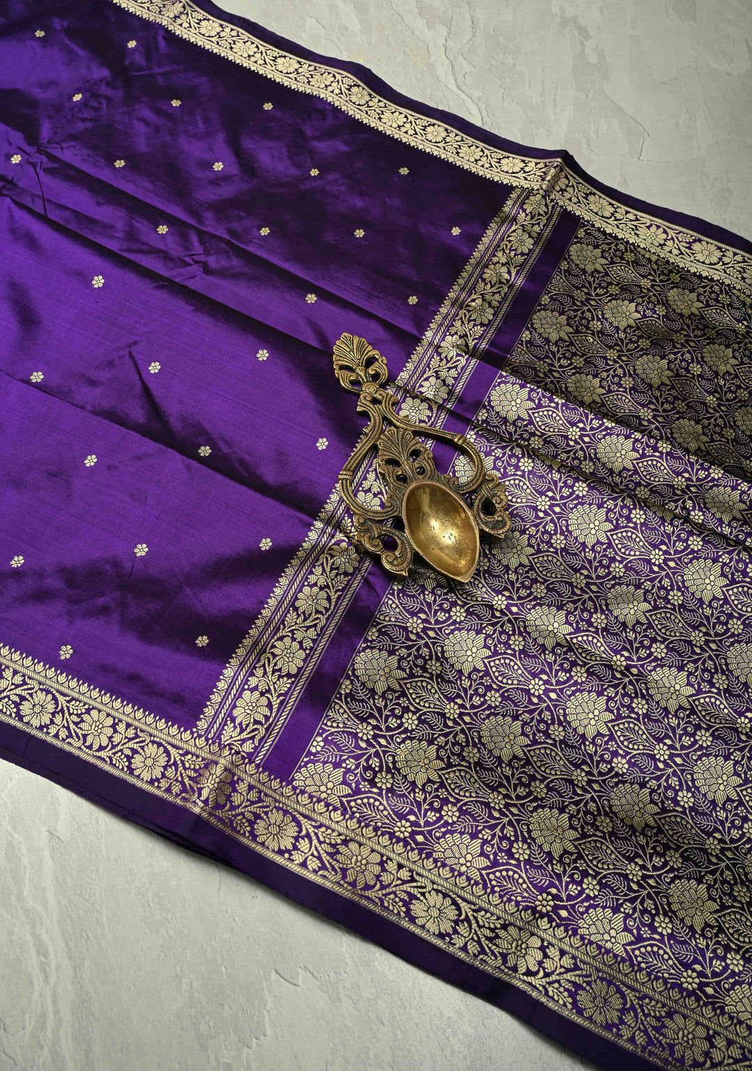 Eggplant Purple Lightweight Banarasi Katan Silk saree with Floral Buttis and Minimal Resham Border | SILK MARK CERTIFIED