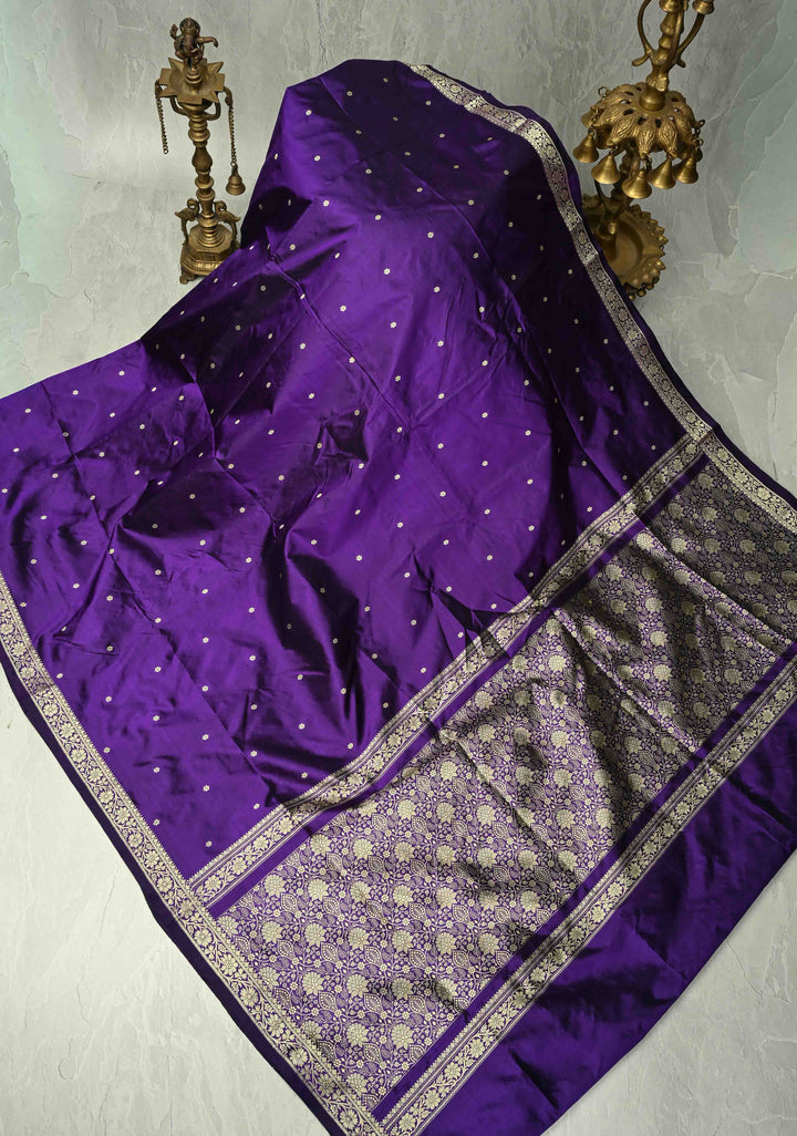 Eggplant Purple Lightweight Banarasi Katan Silk saree with Floral Buttis and Minimal Resham Border | SILK MARK CERTIFIED