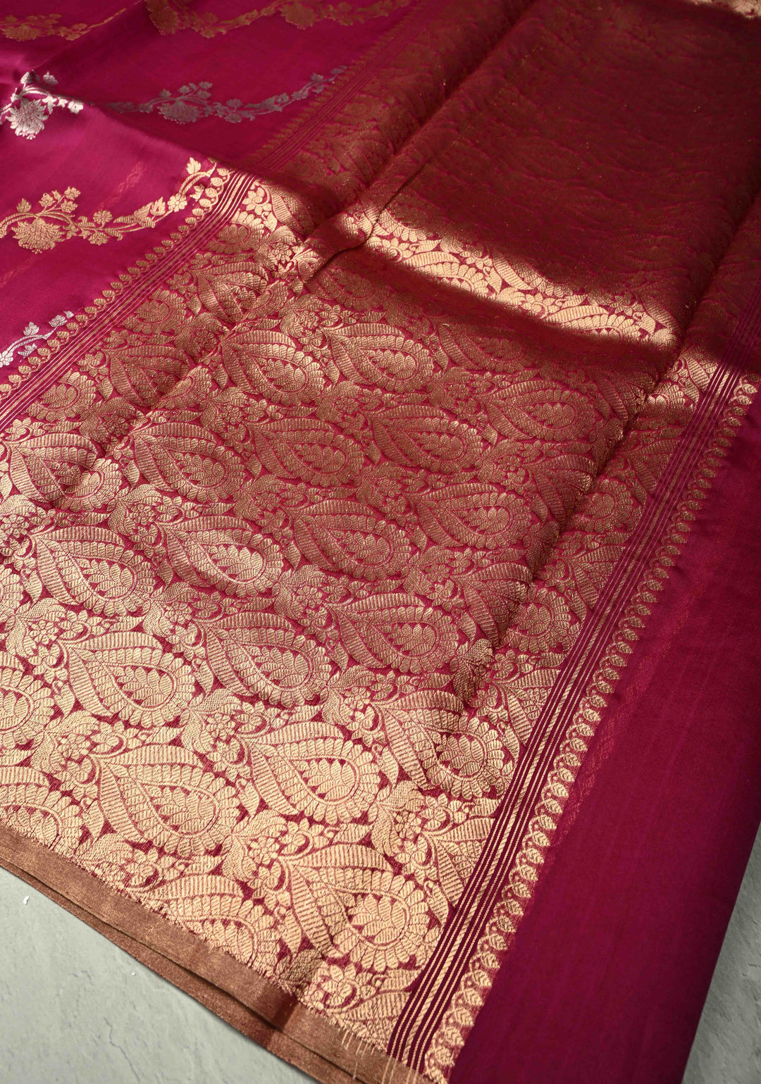 Ruby Wine Banarasi Kora Silk Saree With Sona Rupa Leheria Pattern | SILK MARK CERTIFIED