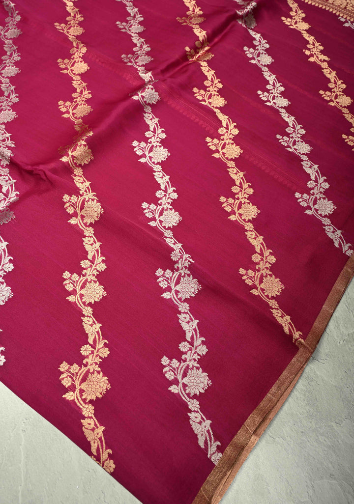 Ruby Wine Banarasi Kora Silk Saree With Sona Rupa Leheria Pattern | SILK MARK CERTIFIED