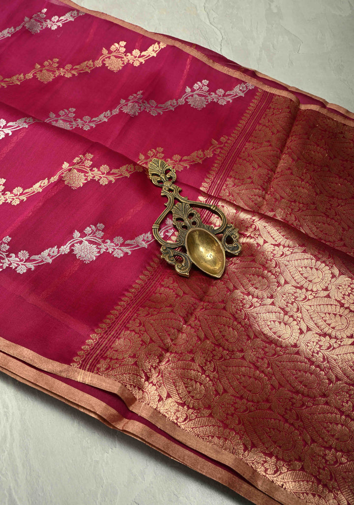 Ruby Wine Banarasi Kora Silk Saree With Sona Rupa Leheria Pattern | SILK MARK CERTIFIED