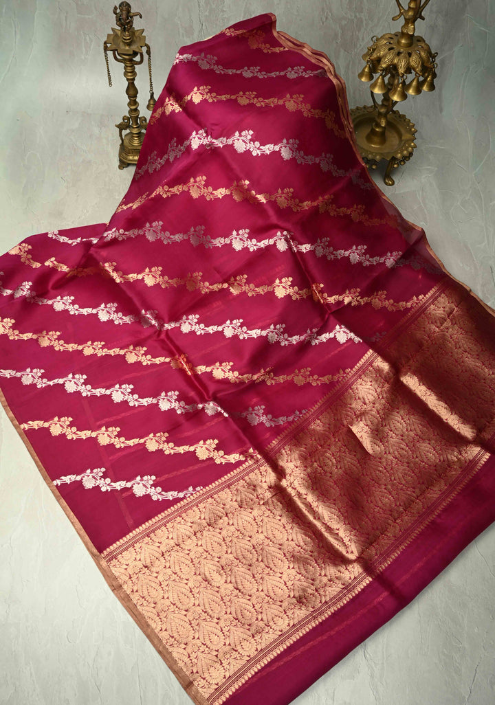 Ruby Wine Banarasi Kora Silk Saree With Sona Rupa Leheria Pattern | SILK MARK CERTIFIED
