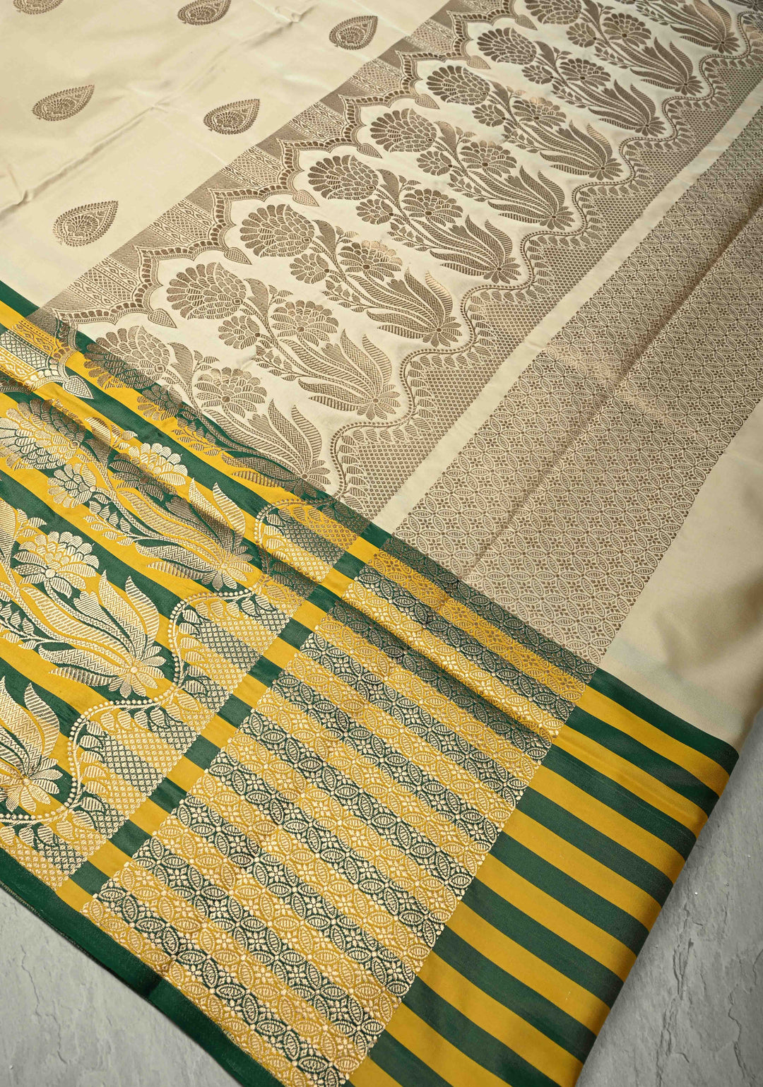 Exquisite Beige Banarasi Pure Mashru Silk Saree with Zari Buttas and Yellow-Green Wide Stripes Border | SILK MARK CERTIFIED