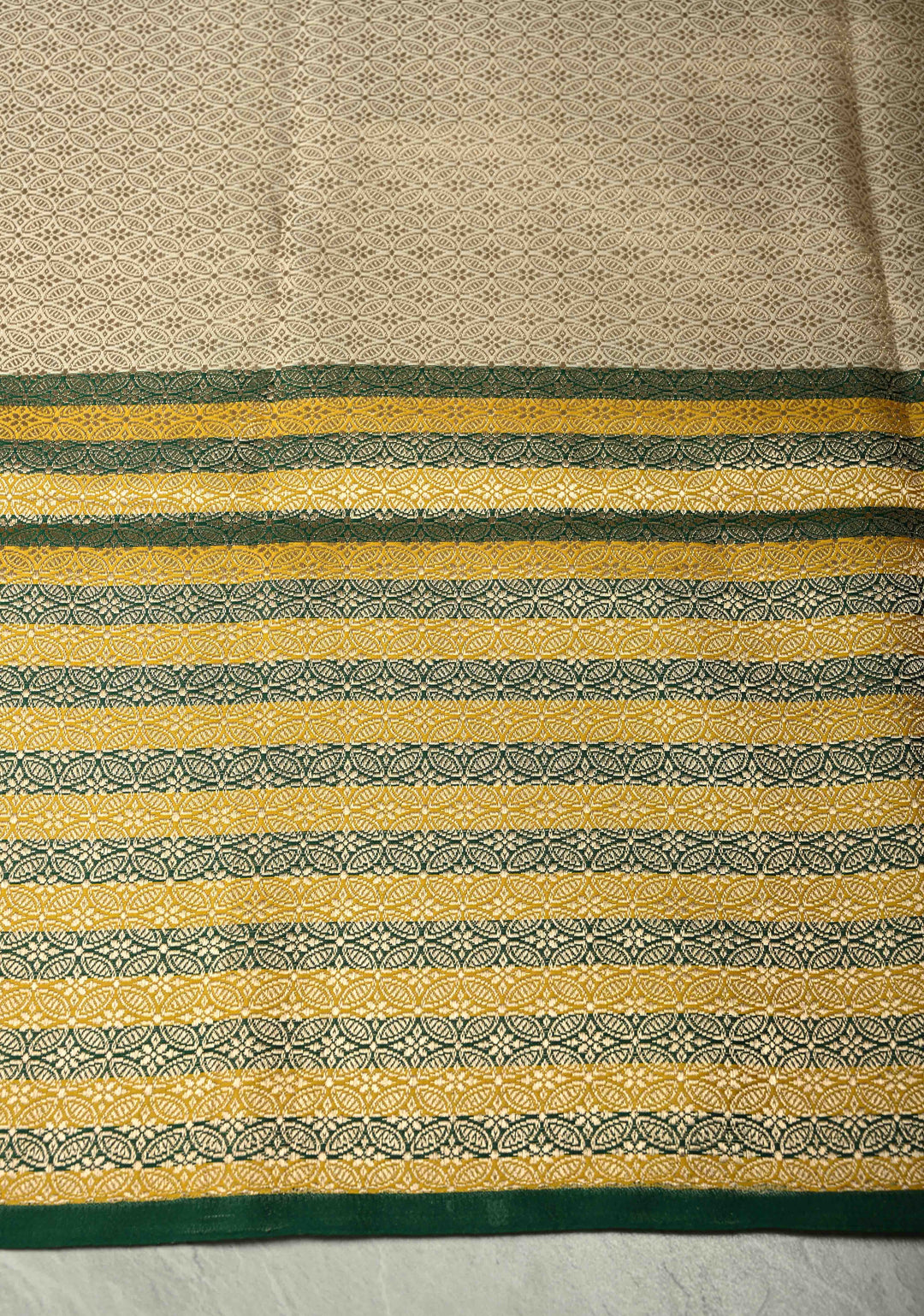 Exquisite Beige Banarasi Pure Mashru Silk Saree with Zari Buttas and Yellow-Green Wide Stripes Border | SILK MARK CERTIFIED