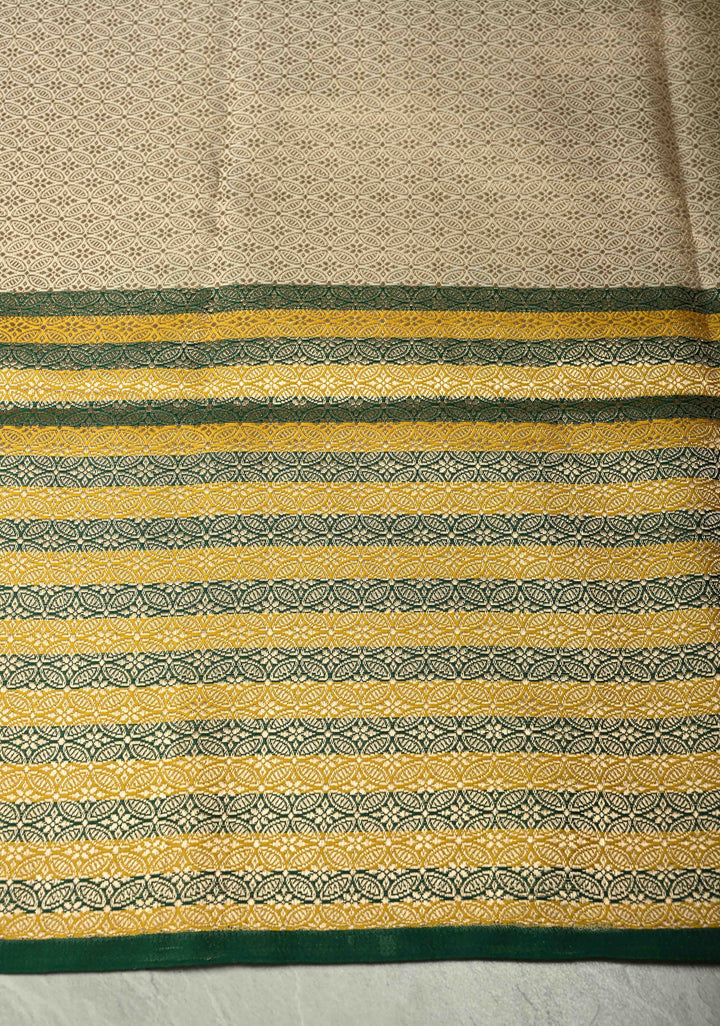 Exquisite Beige Banarasi Pure Mashru Silk Saree with Zari Buttas and Yellow-Green Wide Stripes Border | SILK MARK CERTIFIED