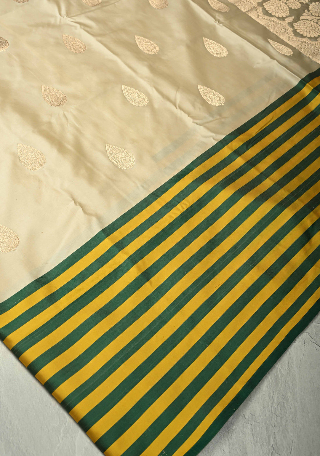 Exquisite Beige Banarasi Pure Mashru Silk Saree with Zari Buttas and Yellow-Green Wide Stripes Border | SILK MARK CERTIFIED